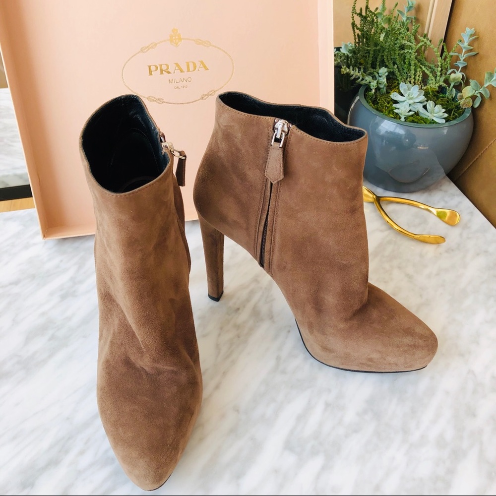 Tan/grey suede PRADA booties